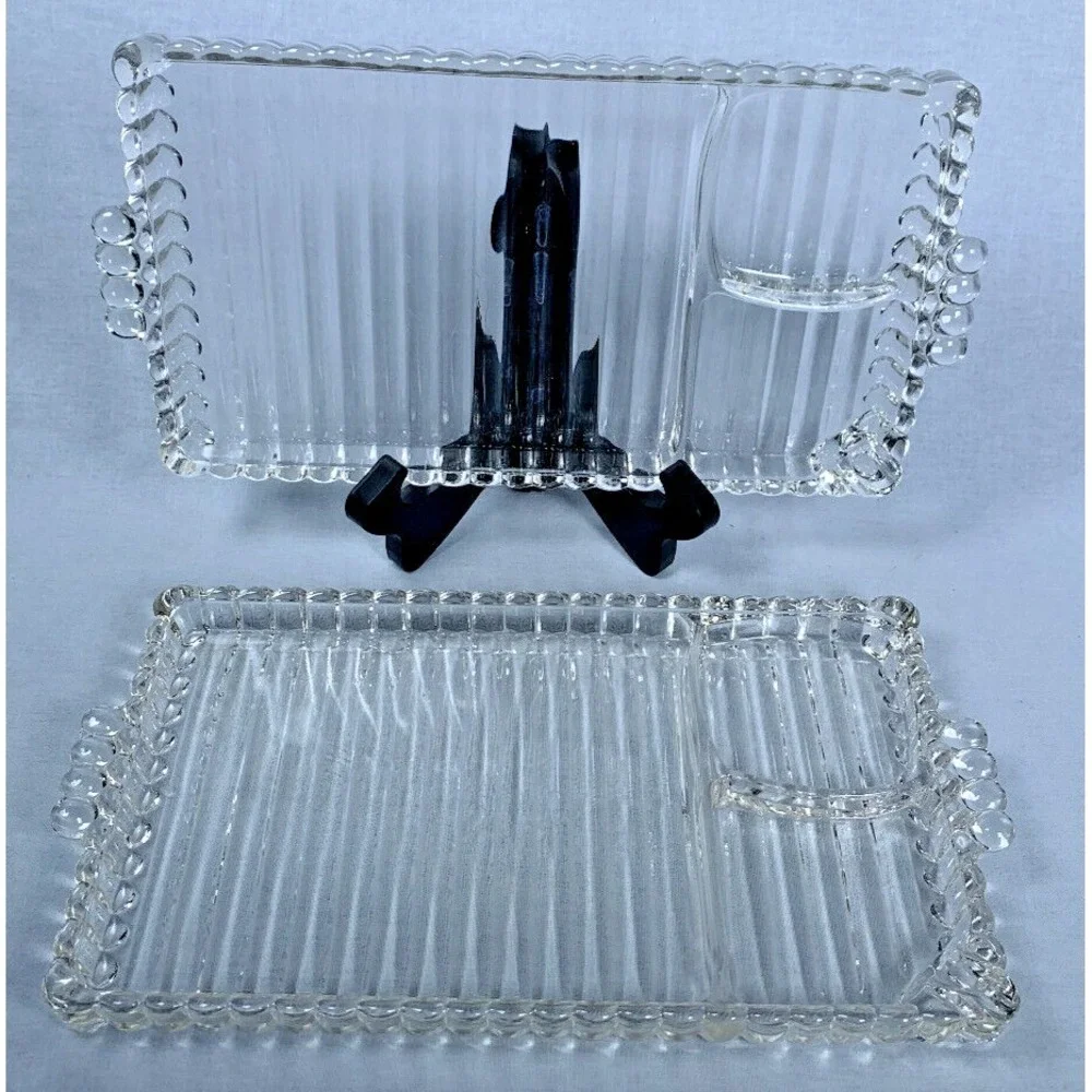 Set of 2 Vintage Hazel Atlas Ball Rib Glass Sip N Smoke Snack Trays